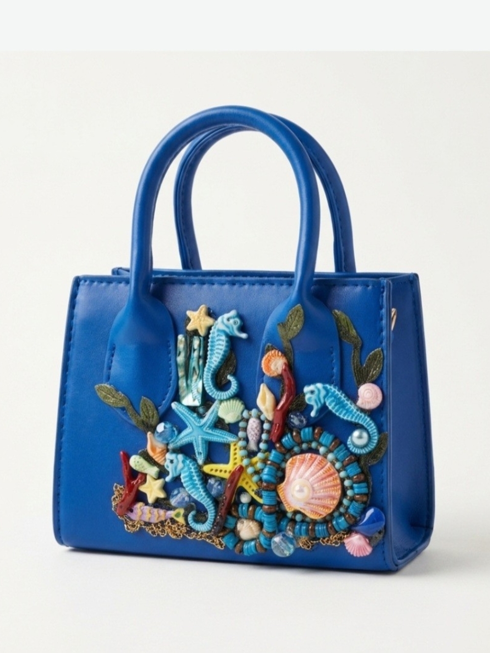 Royal Blue Embellished Mini Tote with Ocean Motif